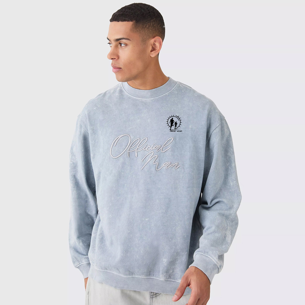 Oversized Extended Neck Acid Wash Embroidered Man Sweatshirt