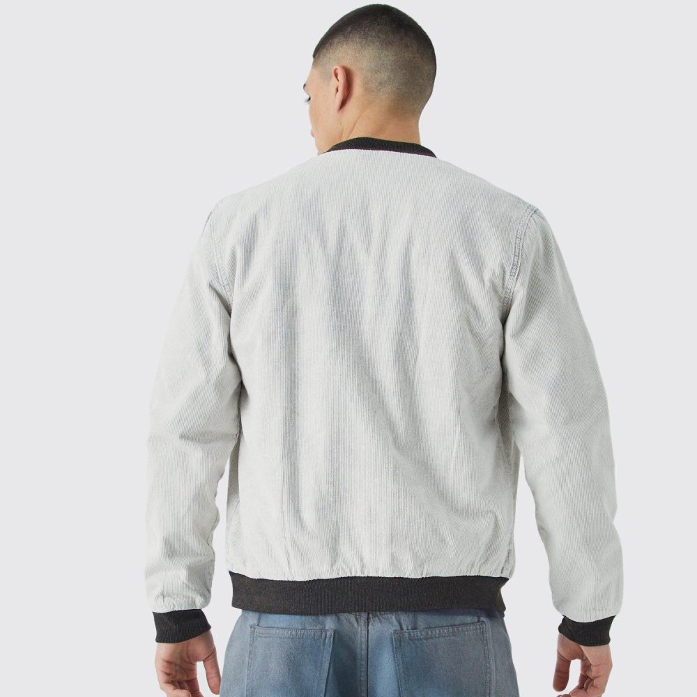 Cord Acid Wash Quilted Bomber Jacket in Light Grey