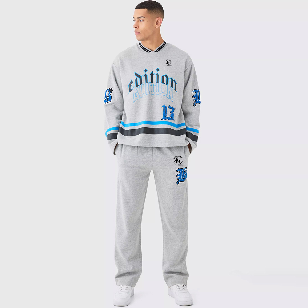 Oversized Varsity Applique V Neck Sweatshirt Tracksuit