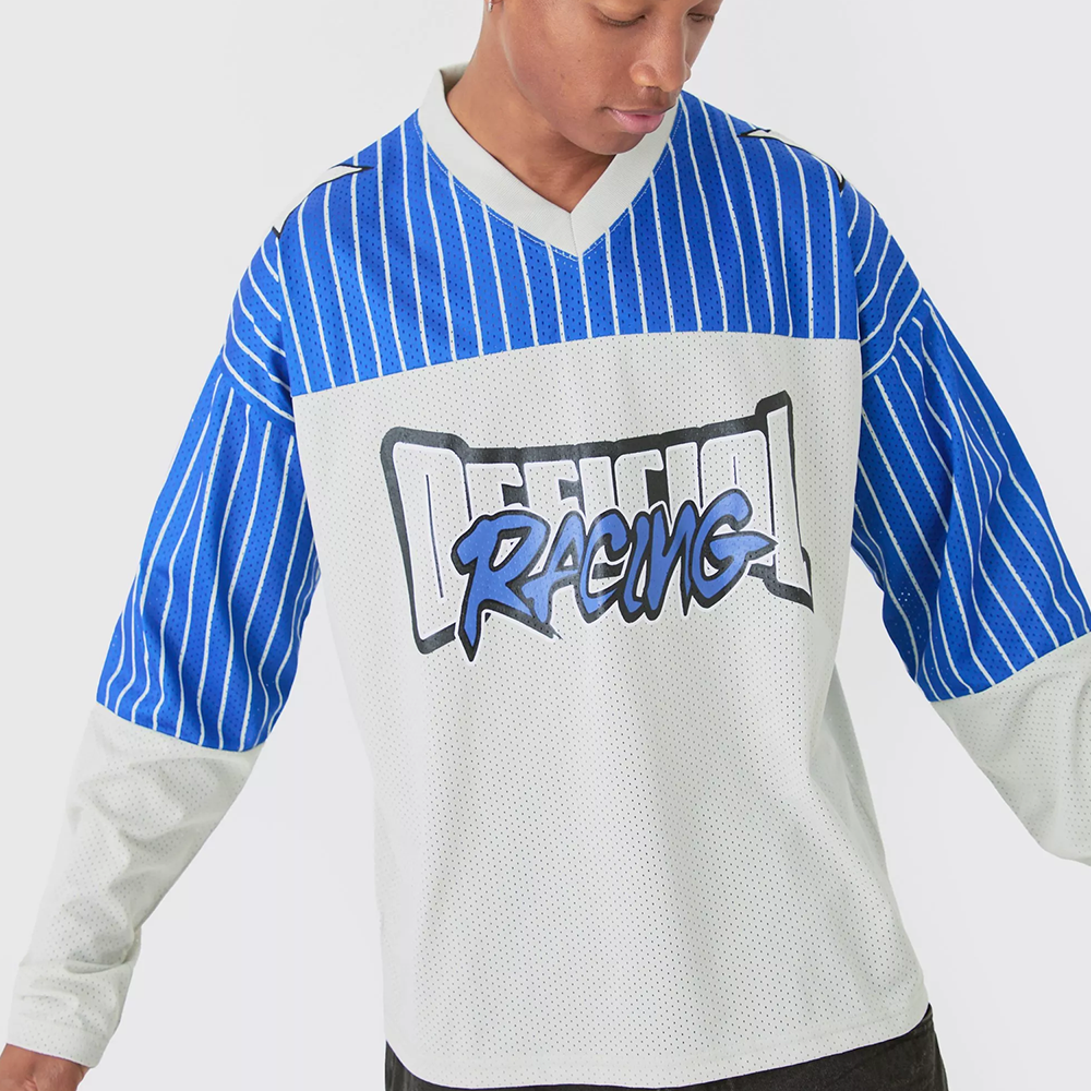 Oversized Official Racing Stripe Long Sleeve Varsity Mesh Top